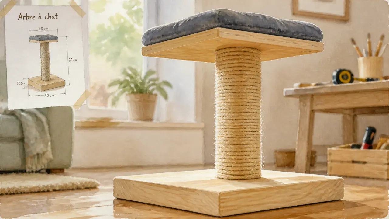 Arbre à chat fait maison en sisal tendu sur base stable