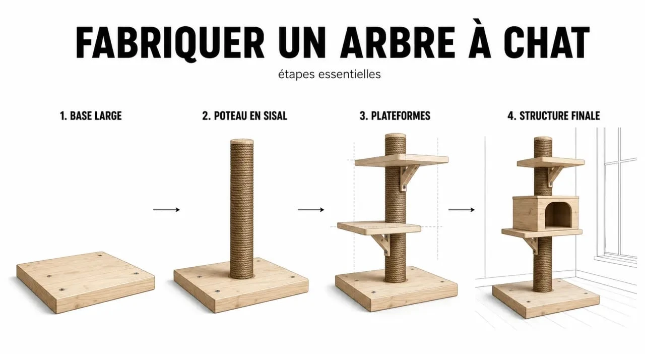 Arbre à chat fait maison illustré en étapes, de la base en bois à la structure finale stable