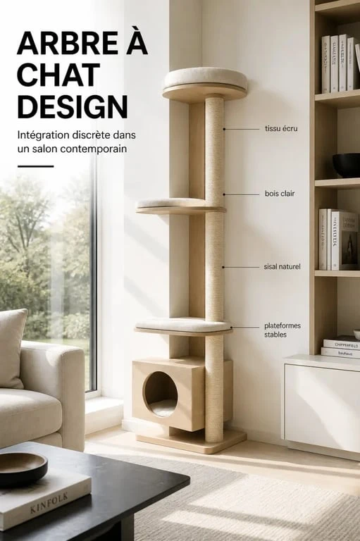 Arbre à chat design intégré dans un salon contemporain avec bois clair et lignes épurées