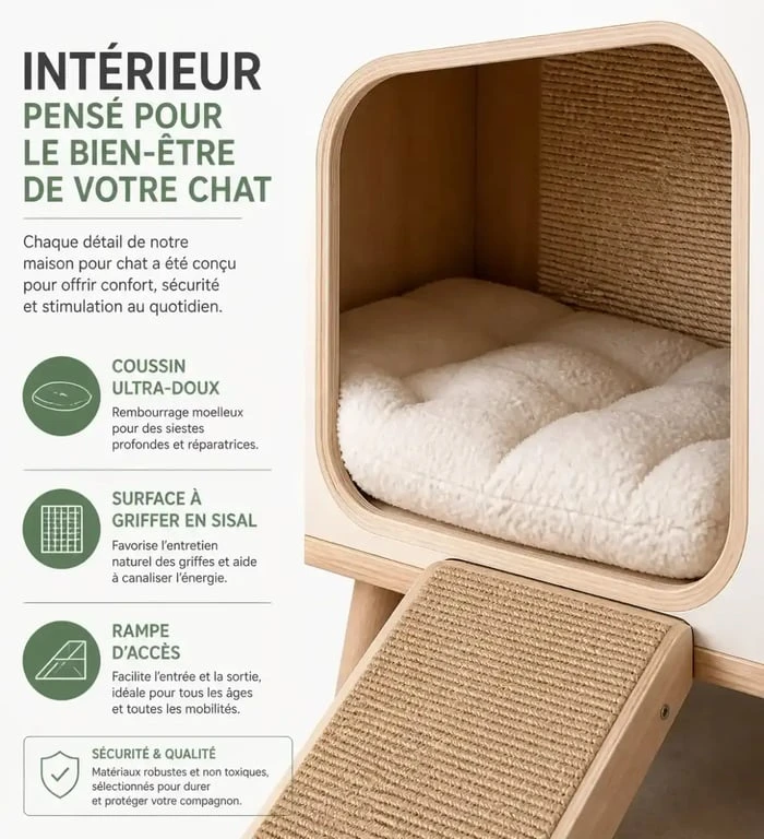 Aménagement intérieur d'une petite maison pour chat avec coussin et griffoir pour un confort optimal