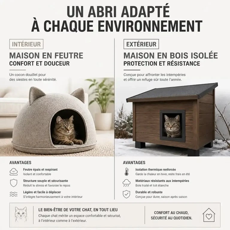 Comparaison entre une petite maison pour chat d'intérieur en feutre et une niche d'extérieur isolée en bois