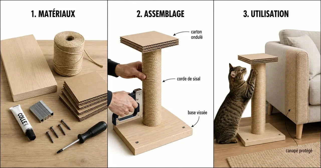 Griffoir chat maison en fabrication avec matériaux et utilisation par un chat