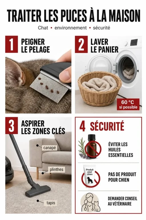 Anti-puce naturel maison chat : schéma éditorial du traitement du chat et de la maison avec peigne à puces, nettoyage des textiles et aspiration des zones à risque