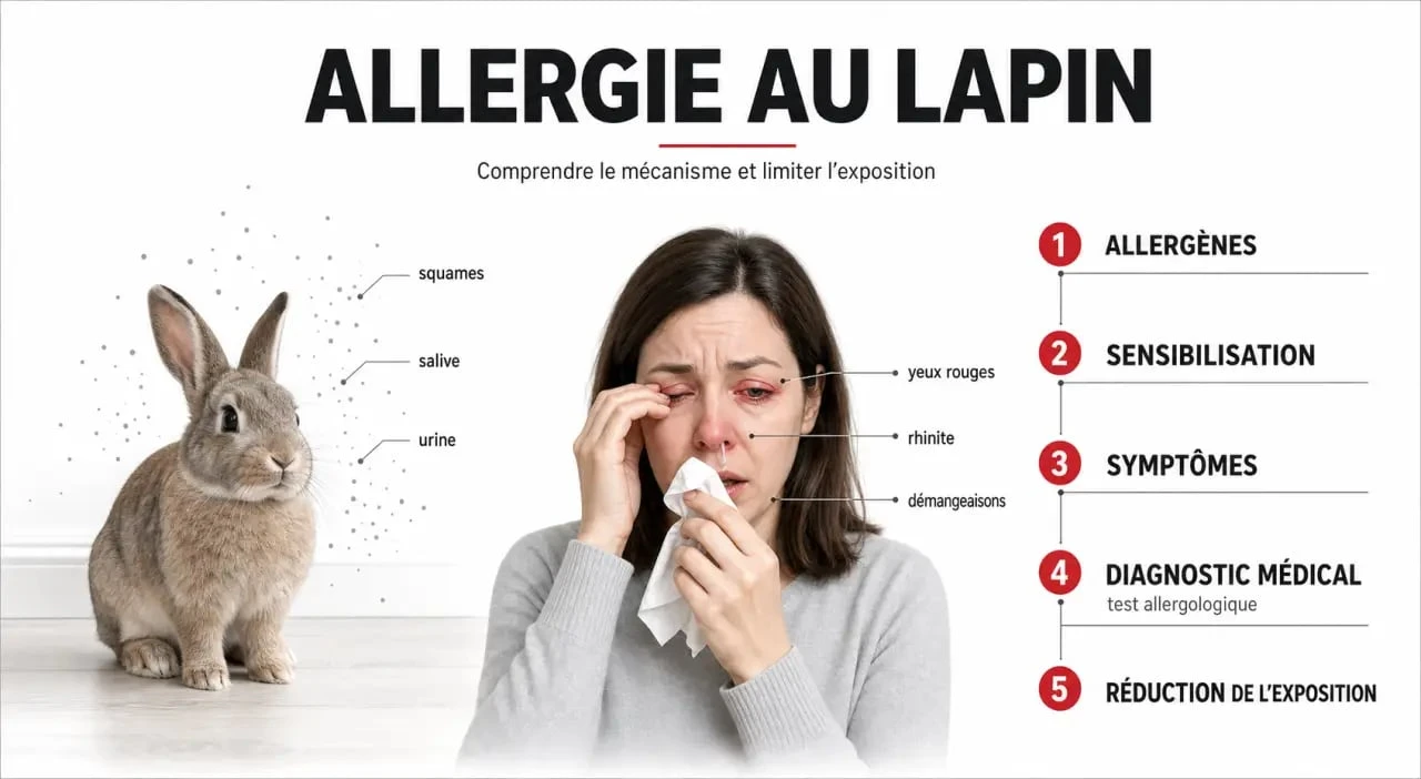 Infographie sur les allergies lapin montrant les allergènes, les symptômes et la prévention