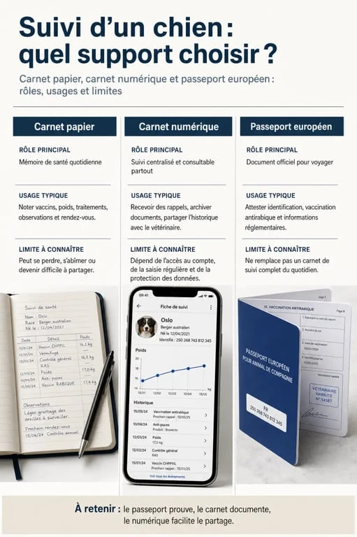 Carnet de santé chien : comparaison visuelle entre carnet papier, carnet numérique et passeport européen