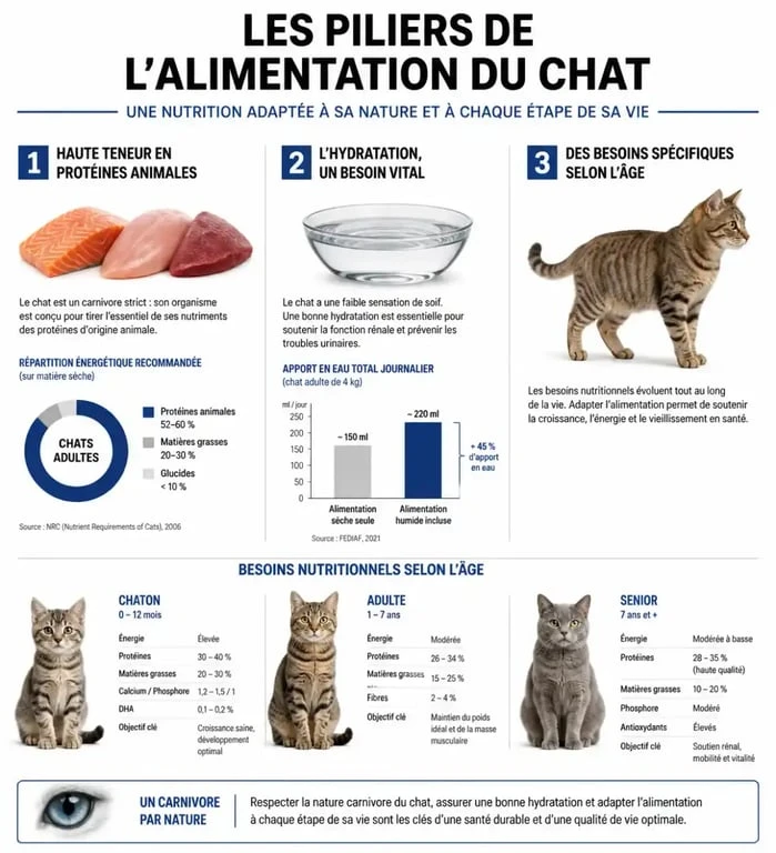 Infographie sur les besoins nutritionnels et l'alimentation du chat : protéines, hydratation et stades de vie