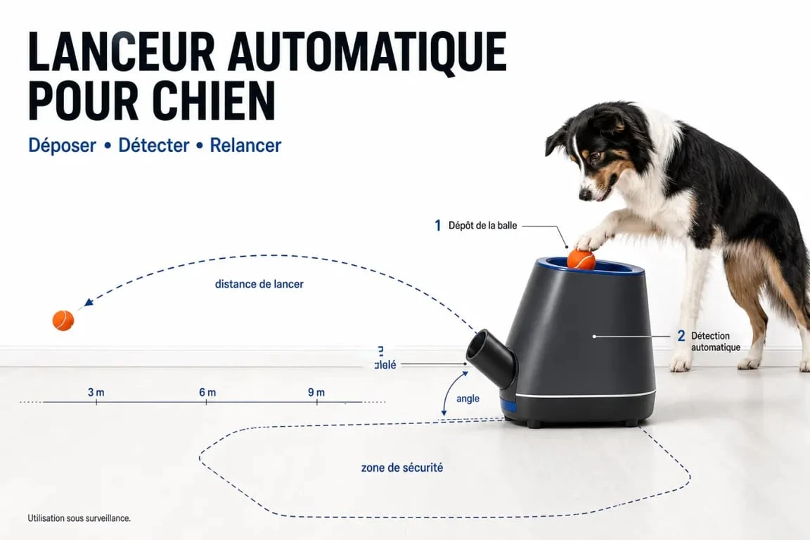 Lanceur balle automatique pour chien en fonctionnement avec dépôt de balle et relance automatique