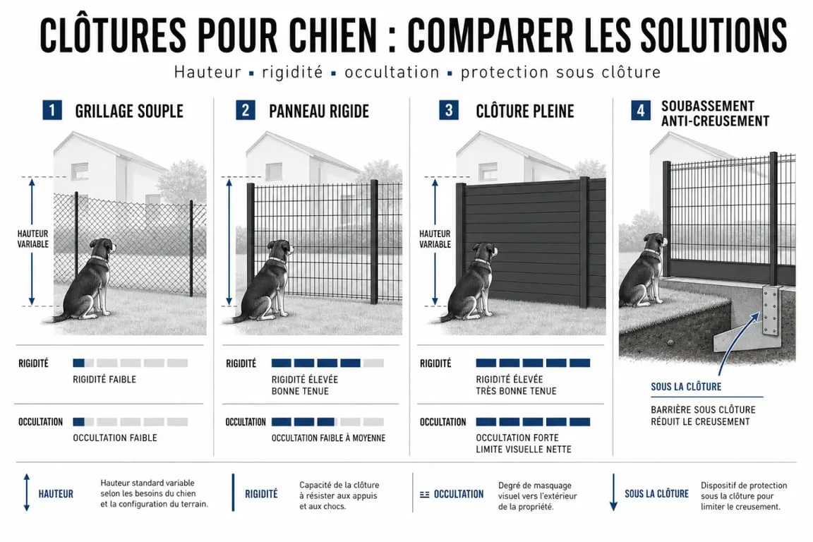 Clôturer un jardin pour chien : comparaison visuelle des solutions de clôture anti-fugue