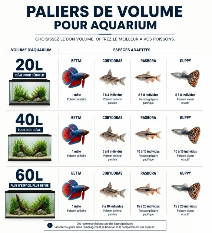 Infographie des espèces de poissons adaptées selon le volume de l'aquarium, de 20 à 60 litres.
