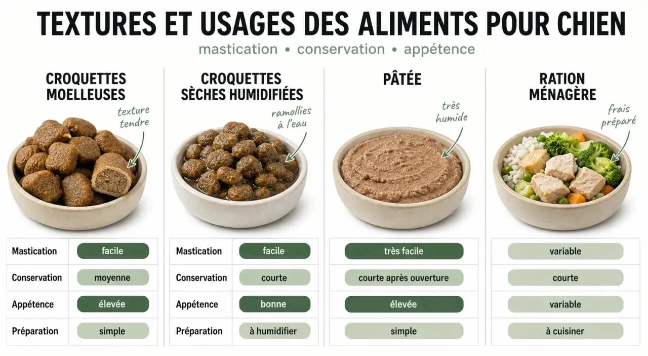 Comparatif des croquettes moelleuses chien avec croquettes humidifiées, pâtée et ration ménagère