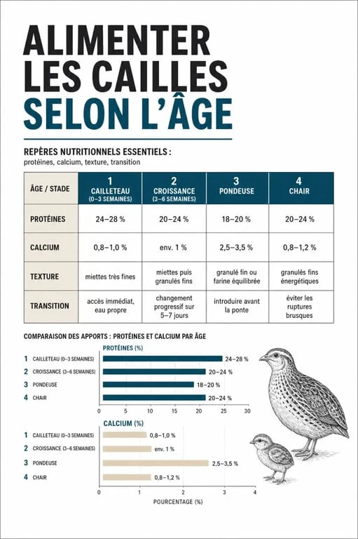 Que mange des cailles : infographie visuelle sur les aliments selon l’âge, du cailleteau à la caille pondeuse