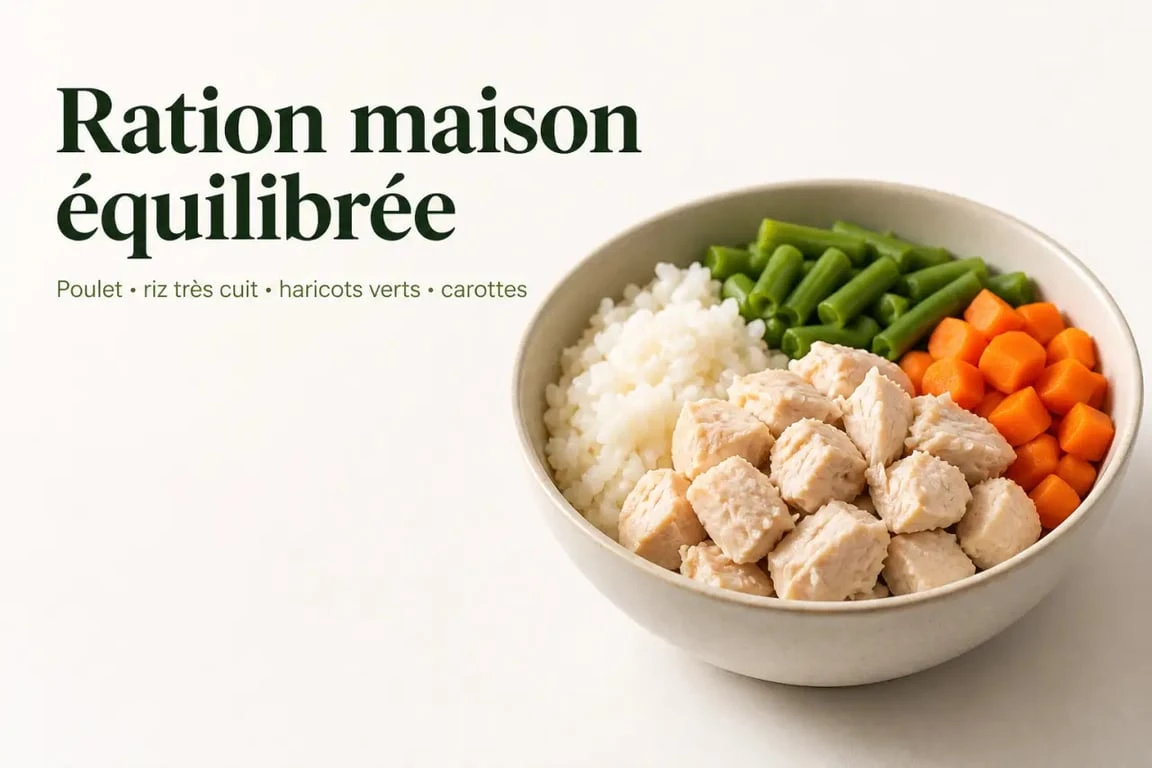 Cuisine pour chien - 50 recettes santé : bol de repas maison au poulet, riz très cuit et haricots verts