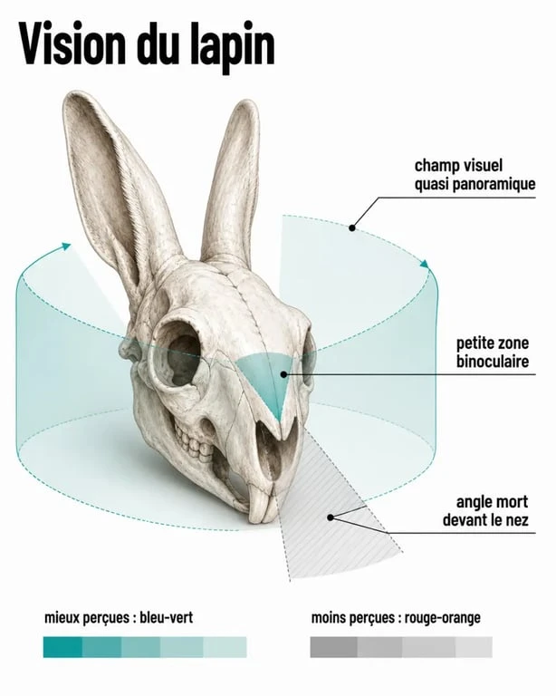 Vision lapin : schéma du champ visuel, de l’angle mort frontal et de la zone binoculaire