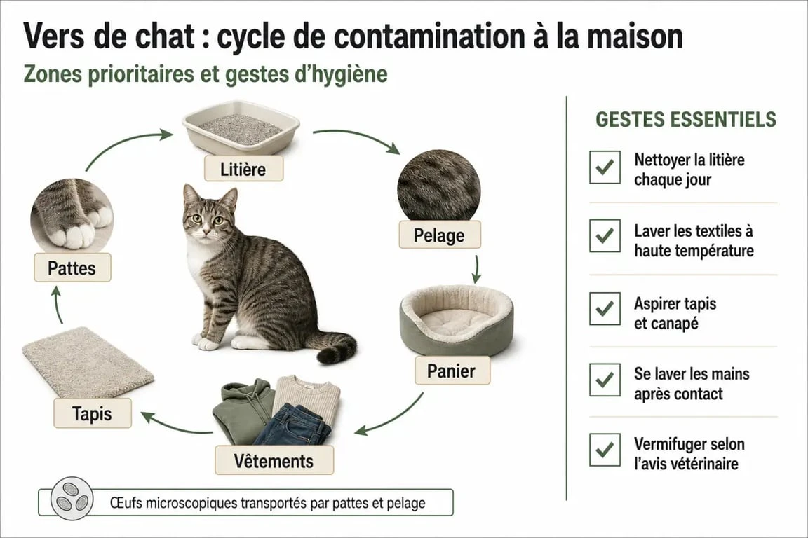 Cycle de contamination des vers de chat dans la maison entre litière, pelage, sols et textiles