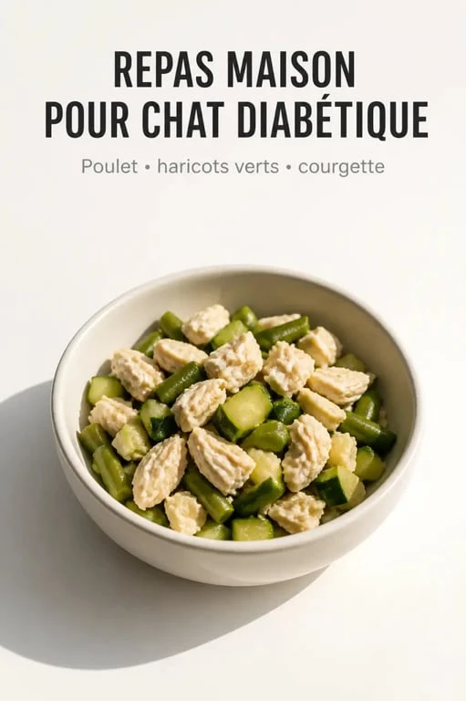 Recette nourriture maison pour chat diabétique servie dans une gamelle avec poulet, haricots verts et courgette