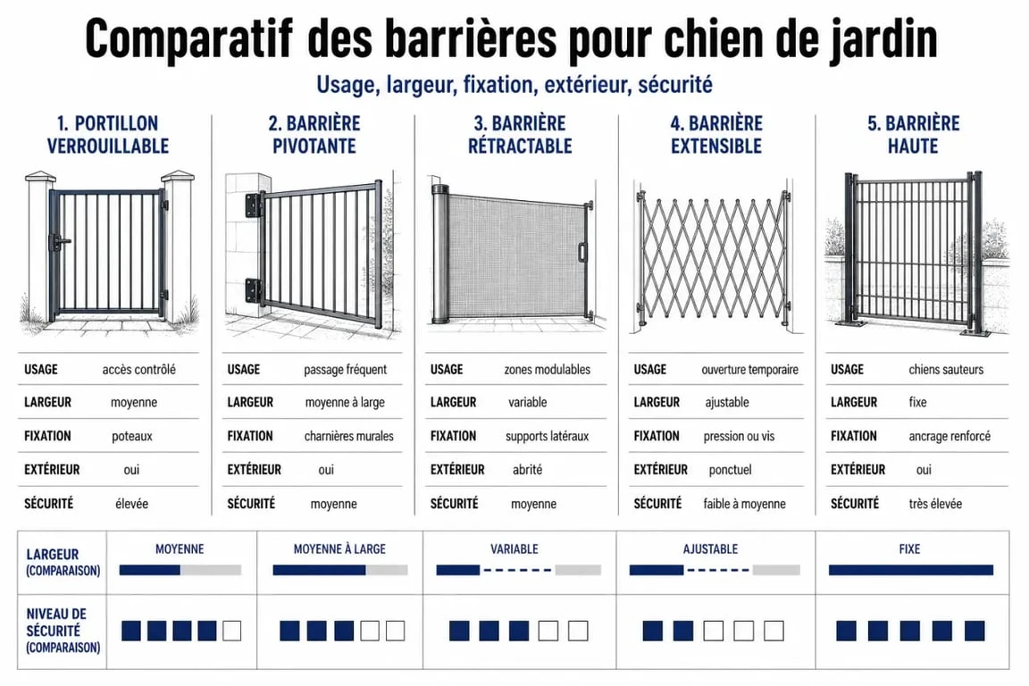 Comparatif barriere chien jardin avec portillon, barrière rétractable, extensible et haute