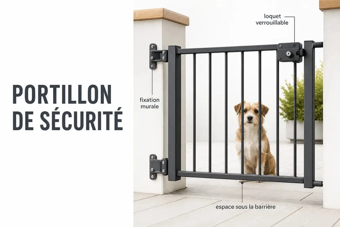 Barriere chien jardin installée dans un jardin avec loquet verrouillable et fixation murale