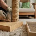 Griffoir chat maison en sisal avec carton à côté, pour protéger le canapé