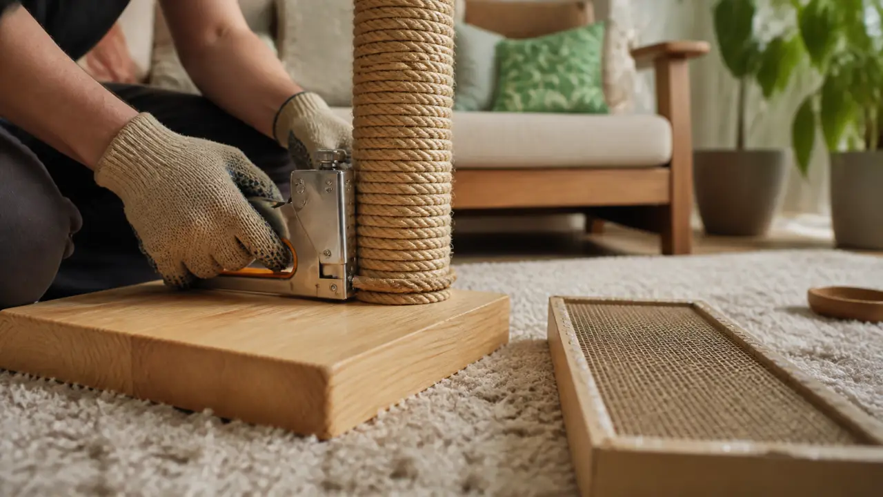 Griffoir chat maison en sisal avec carton à côté, pour protéger le canapé