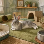 Lapin domestique en enclos sécurisé, foin à volonté
