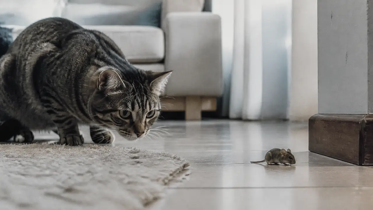 Mon chat ramène des souris vivantes dans la maison, une souris sur le sol