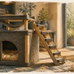 Petite maison pour chat en feutre gris avec coussin et griffoir