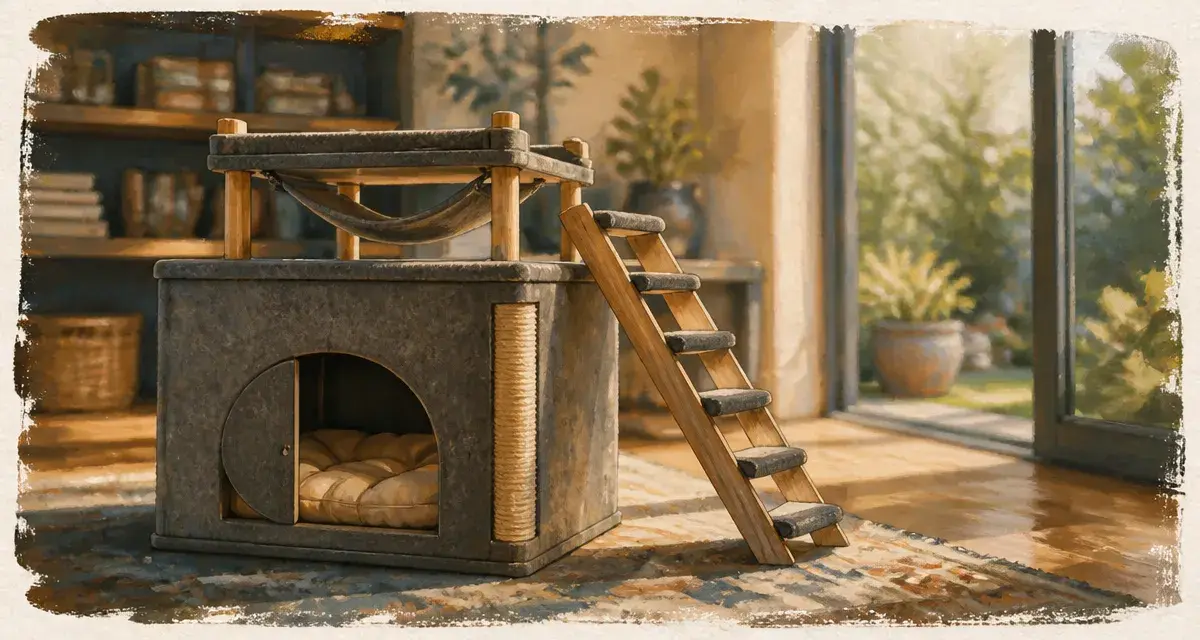 Petite maison pour chat en feutre gris avec coussin et griffoir