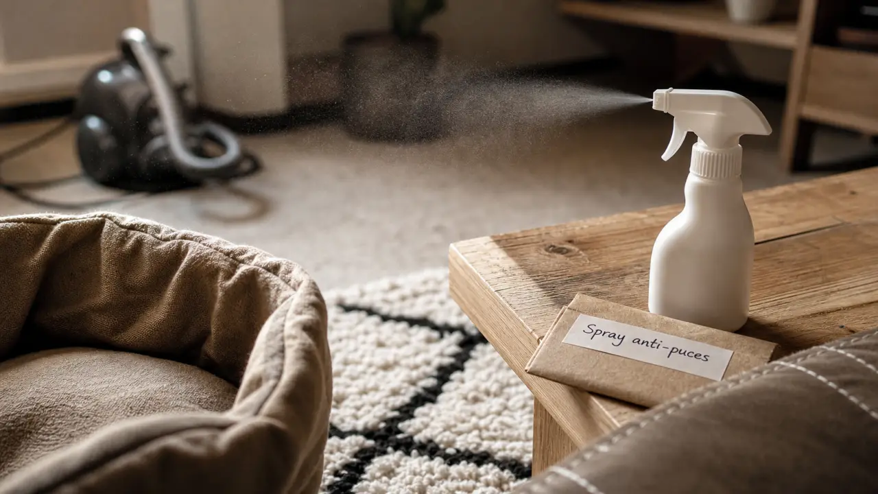 Spray anti puce chat maison sur textiles, buse et brume visible