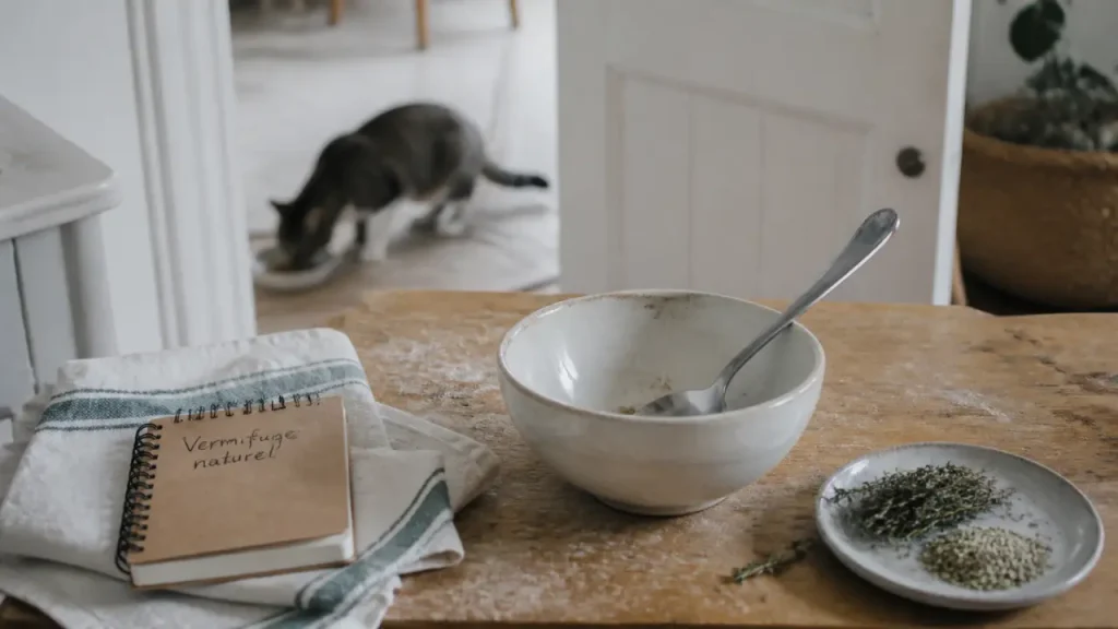 Vermifuge naturel chat fait maison : ingrédients et recette, chat près de sa gamelle