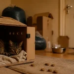 Adaptation chat nouvelle maison : chat stressé en caisse, cartons et litière