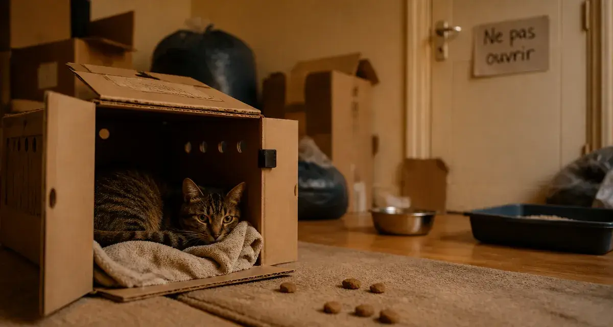 Adaptation chat nouvelle maison : chat stressé en caisse, cartons et litière