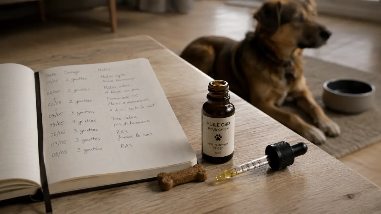 CBD chien : huile sans THC, pipette et carnet de suivi