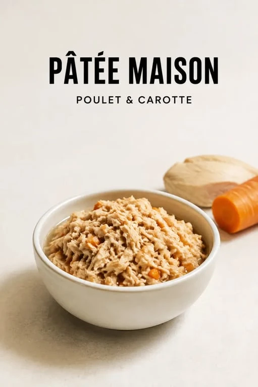 Pâtée pour chat maison au poulet et à la carotte servie dans une coupelle