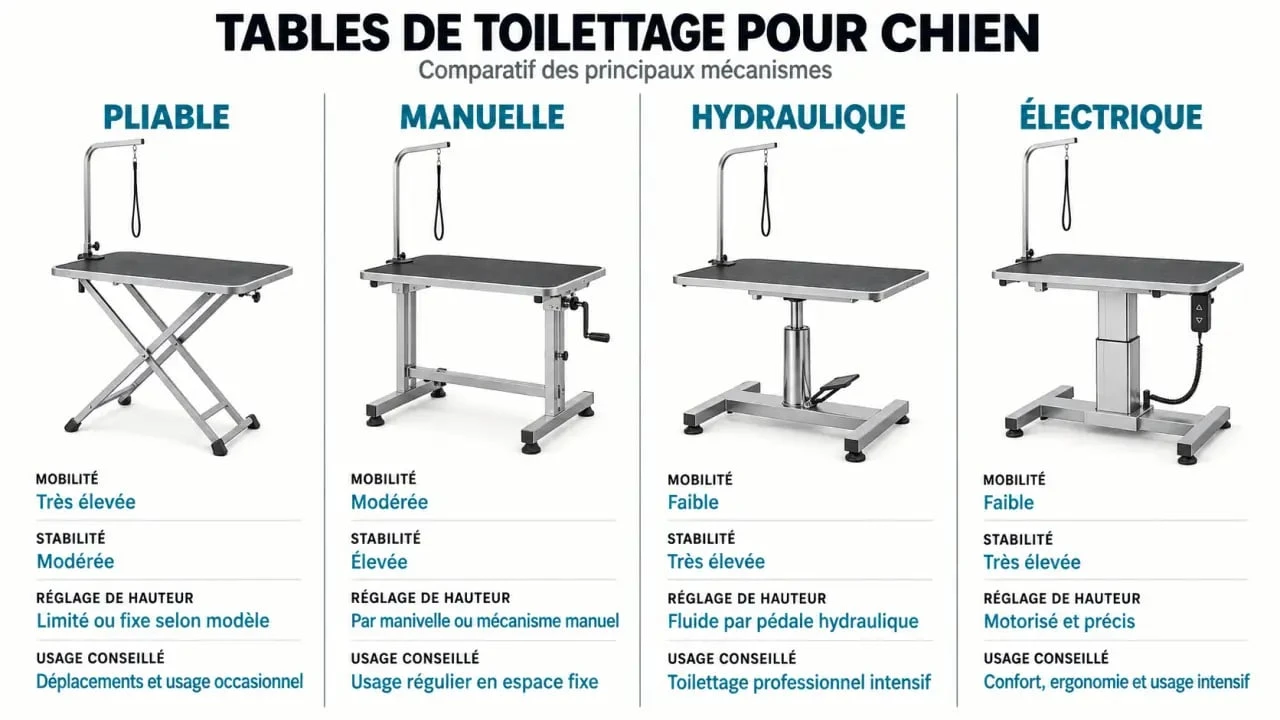 Infographie comparative des types de table de toilettage pour chien