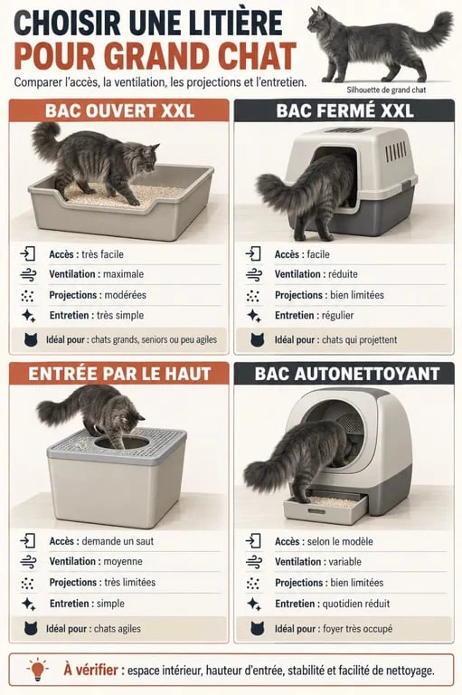 Infographie comparative des formats de litière pour grand chat