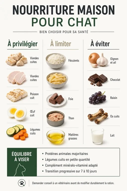 Nourriture pour chat maison : infographie des ingrédients à privilégier, à limiter et à éviter
