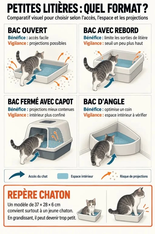 Infographie des formats de petite litière pour chat et de leurs points de vigilance