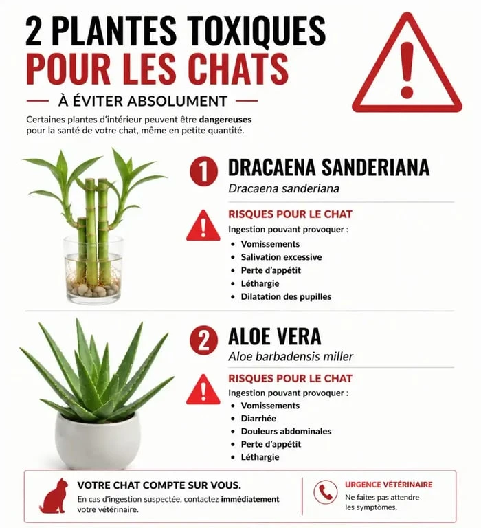 Infographie des plantes toxiques pour chat à éviter : Dracaena et Aloe Vera