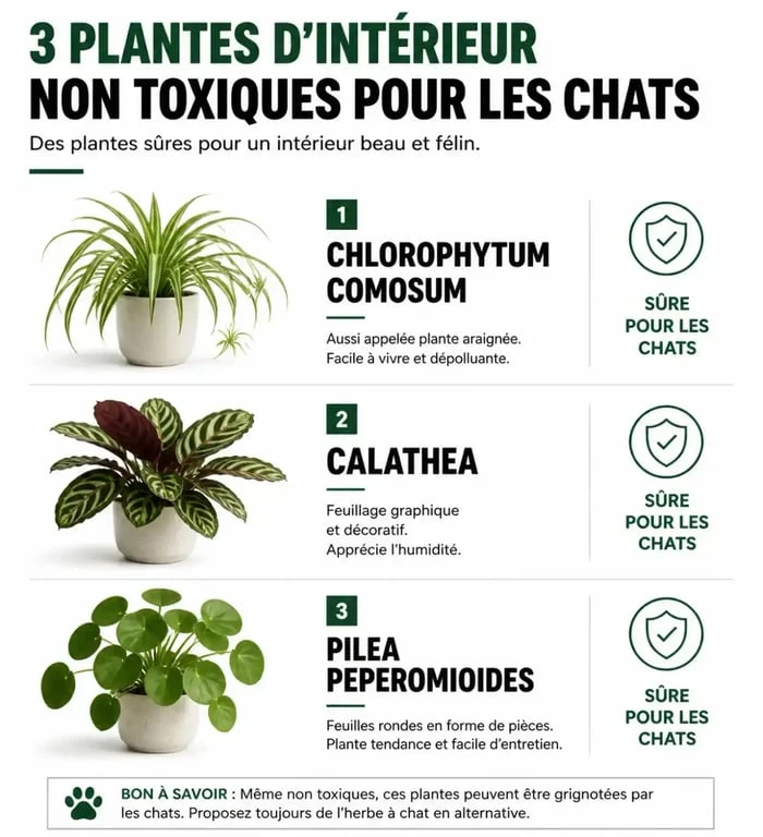 Infographie des plantes non toxiques pour chat : Chlorophytum, Calathea et Pilea