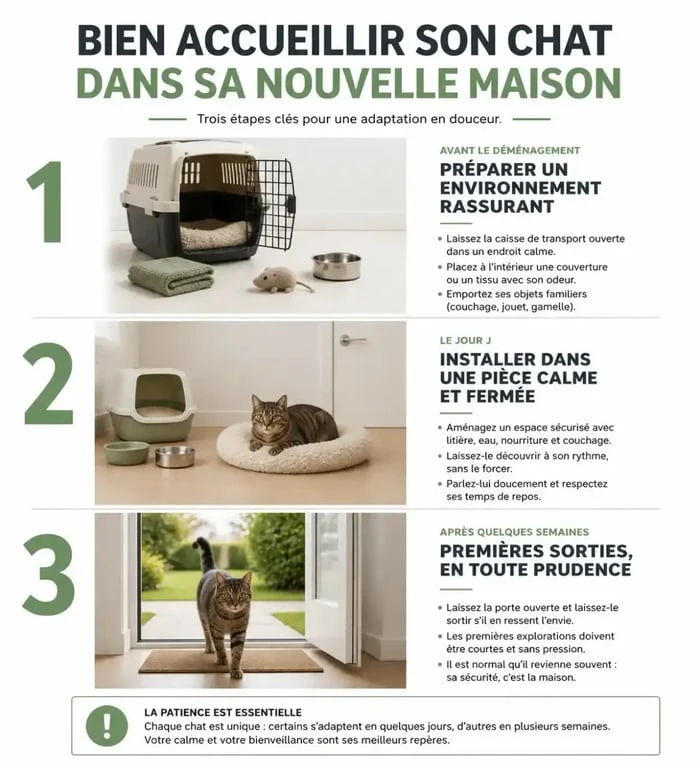 Adaptation chat nouvelle maison en frise chronologique montrant la préparation, l’isolement le jour J et les premières sorties sécurisées