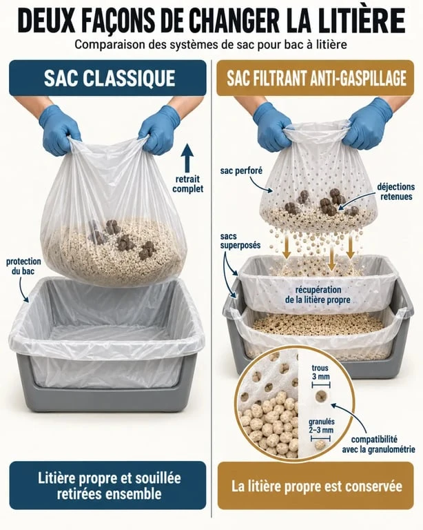 Comparaison de sacs à litière pour chat classiques et filtrants