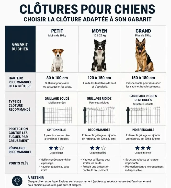 Tableau comparatif des hauteurs et matériaux de clôture amovible pour chien extérieur selon le gabarit