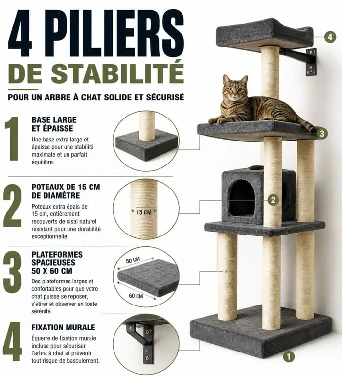 Infographie des 4 piliers de stabilité pour un arbre à chat pour gros chat