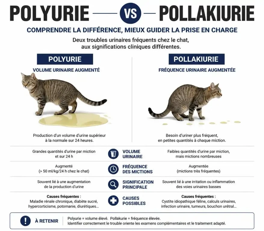 Infographie comparant la polyurie et la pollakiurie chez le chat pour comprendre pourquoi mon chat urine beaucoup dans sa litière