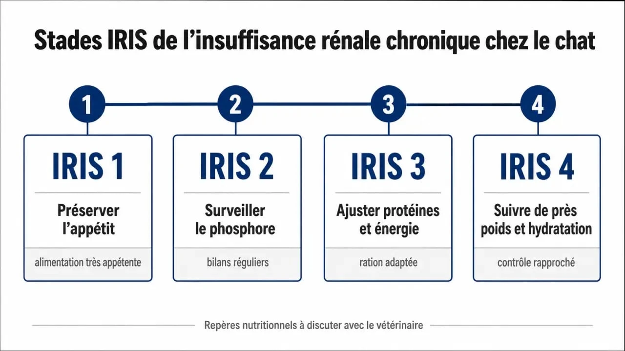 Repas maison pour chat insuffisant rénal : schéma des stades IRIS et des priorités nutritionnelles