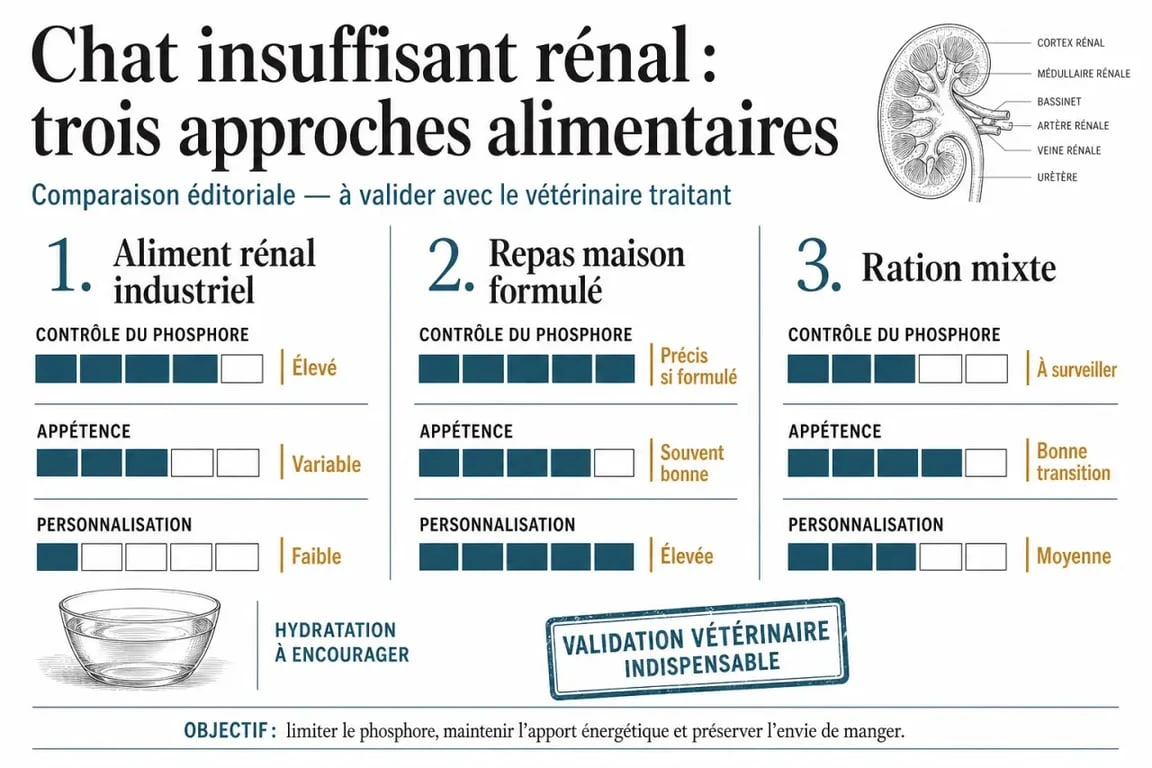 Repas maison pour chat insuffisant rénal : comparaison visuelle entre aliment rénal industriel, ration maison et ration mixte