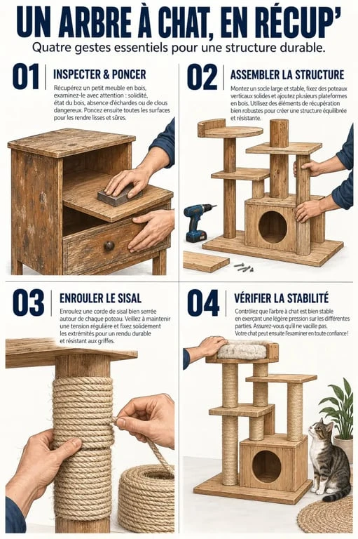 Étapes pour faire un arbre à chat avec de la récup en bois et corde de sisal
