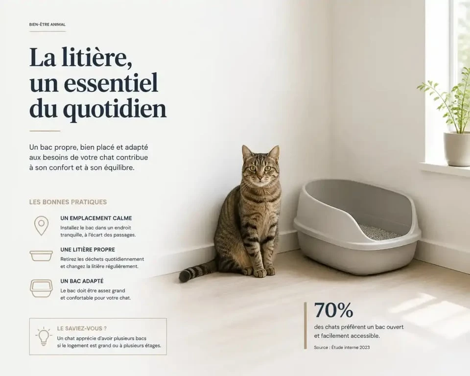 Chat calme près de sa litière placée dans un coin tranquille, comment attirer un chat dans sa litière