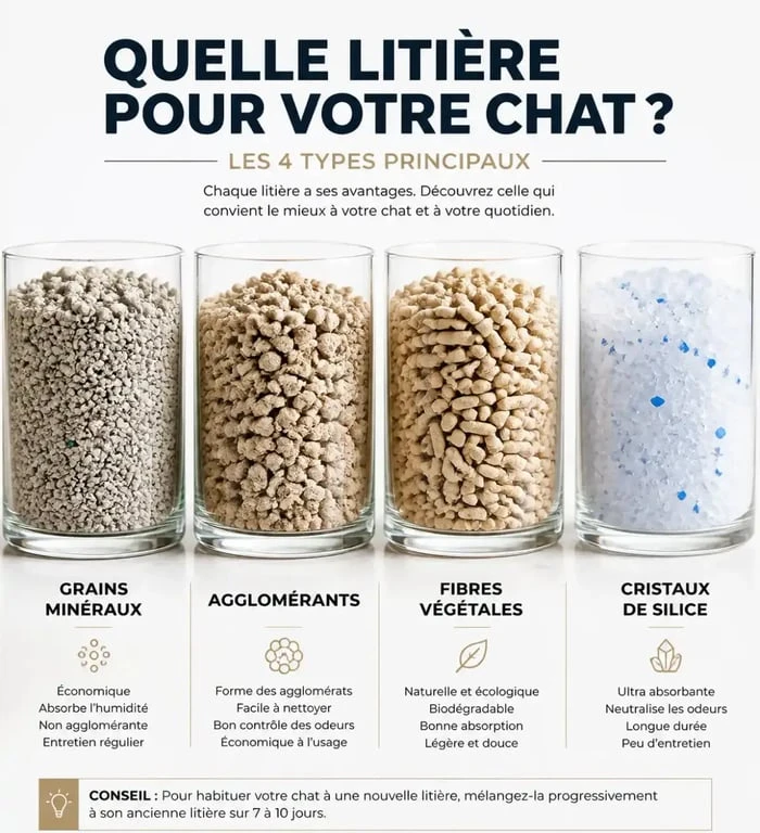 Différentes textures de litière pour chat disponibles chez Auchan