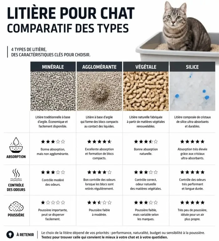 Tableau comparatif des types de litière pour chat Auchan : minérale, agglomérante, végétale et silice